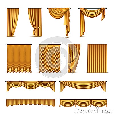 Golden Curtains Drapery Realistic Icons Collection Vector Illustration
