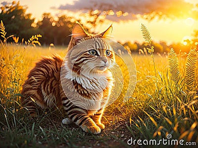 golden cute cat enjoying outdoors at a large grass field forest at sunset Stock Photo