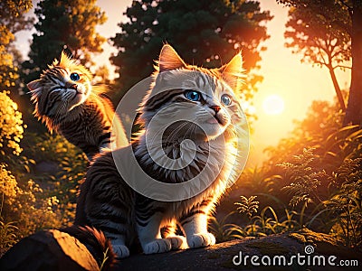 golden cute cat enjoying outdoors at a large grass field forest at sunset Stock Photo
