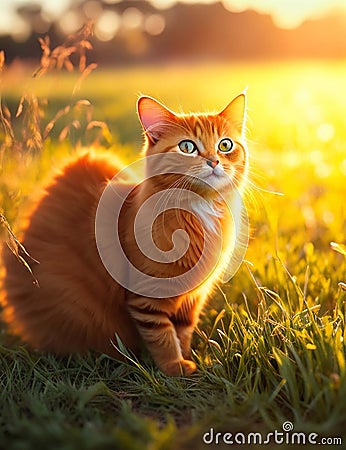 golden cute cat enjoying outdoors at a large grass field forest at sunset Stock Photo