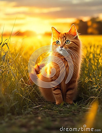 golden cute cat enjoying outdoors at a large grass field forest at sunset Stock Photo