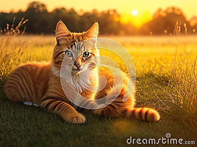 golden cute cat enjoying outdoors at a large grass field forest at sunset Stock Photo