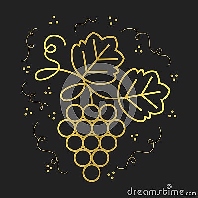Golden cute thin line bunch of grapes icon with texture flat minimal design poster on black Vector Illustration