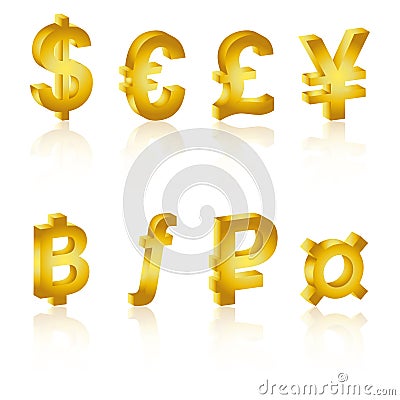 Golden 3D currency symbols, currency icon Vector Illustration