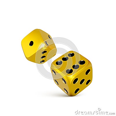 Golden 3d dice. Play casino tossing craps template for banner. Vector Vector Illustration