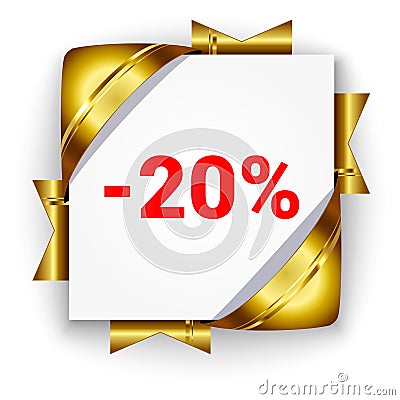 Golden 3d discount banner. White square background tied with rib Vector Illustration