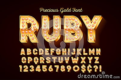 Golden 3d font with gems, gold letters and numbers. Vector Illustration