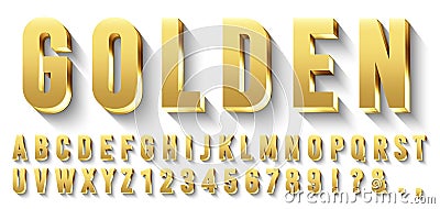 Golden 3D font. Metallic gold letters, luxury typeface and golds alphabet with shadows vector set Vector Illustration