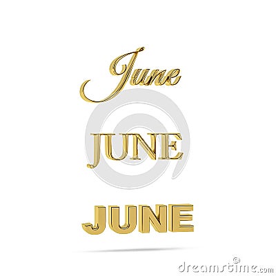 Golden 3D June title in three font types - three dimensional day of the week on white background - copy space Stock Photo