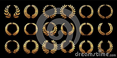 Golden 3D laurel wreath. Gold wheat ornamental borders, round heraldic frame and premium circle branch with leaves Vector Illustration