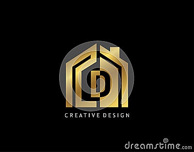 Golden D Letter Logo. Minimalist gold house shape with negative D letter, Real Estate Building Icon Design Vector Illustration