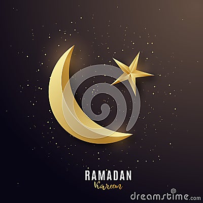 Golden 3d luxury crescent. Greeting banner on Ramadan Kareem. Vector Illustration
