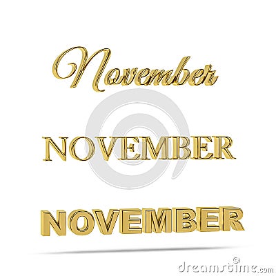 Golden 3D November title in three font types - three dimensional day of the week on white background - copy space Stock Photo