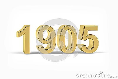 Golden 3d number 1905 - Year 1905 isolated on white background Stock Photo