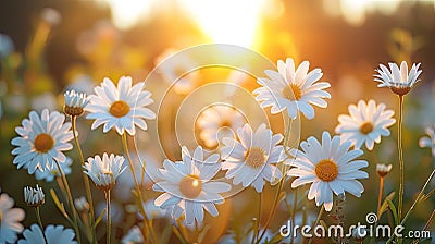 Golden Daisy Dreamscape: A Serene Sunset Field with Blurred Grass and White Blooms Stock Photo