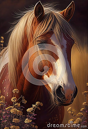 Golden Dappled Horse: A Playful Portrait in a Field of Flowers Stock Photo