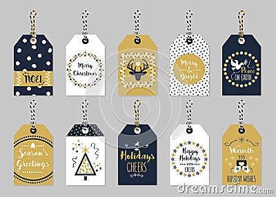 Golden and dark navy blue Christmas and Holiday gift tags set Vector Illustration