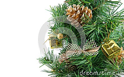 Golden decorated christmas tree with many presents Stock Photo