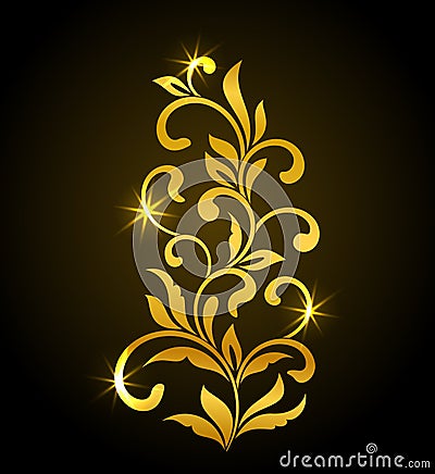 Golden Decorative floral element with swirls and leaves on a dark background. Ideal for stencil. Vector Illustration