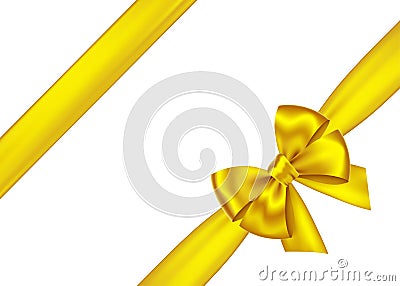 Golden decorative gift ribbon and bow for decor of corner. Vector Illustration