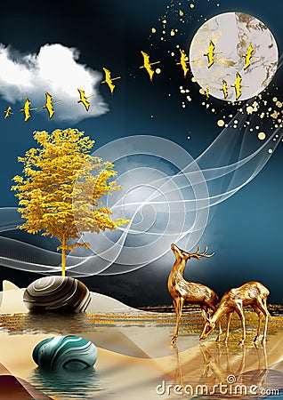 the golden deer on the mountain. Luxurious abstract art digital painting for wallpaper Cartoon Illustration