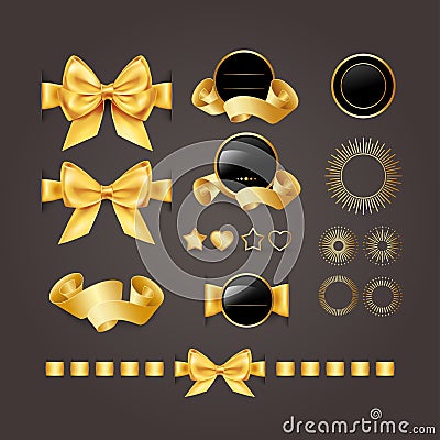 Golden design elements. seals, banners, badges, shields, labels, scrolls, , hearts and stars. Gold ribbons and ribbons. birthday, Vector Illustration