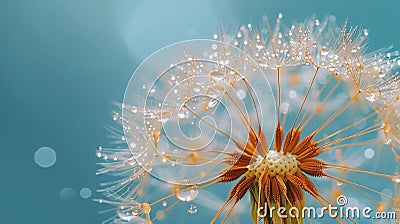 Golden Dew Drops on Dandelion Seed Macro against Dreamy Blue Background - Soft and Tender Artistic Image Stock Photo