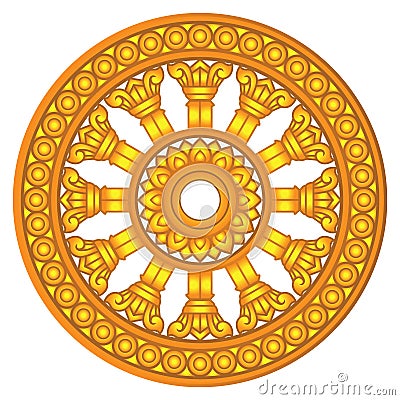 Golden dharma wheel in Buddhism religion concept Vector Illustration