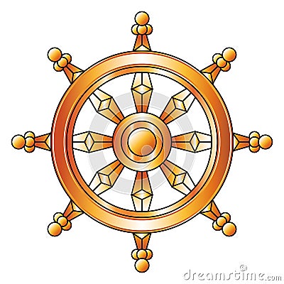 Golden Dharma wheel. Buddhism religion symbol. Vector Illustration