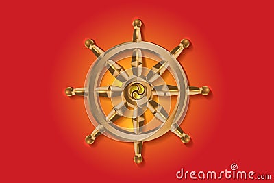 Golden Dharma wheel. Buddhism sacred symbol. Dharmachakra. Vector illustration isolated on colorful background Vector Illustration