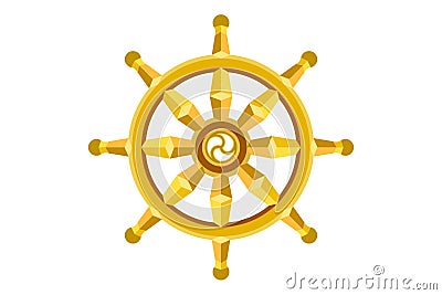 Golden Dharma wheel. Buddhism sacred symbol. Dharmachakra. Vector illustration isolated on white background Vector Illustration