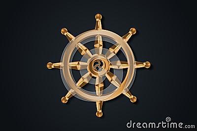 Golden Dharma wheel. Buddhism sacred symbol. Dharmachakra. Vector illustration isolated on black background Vector Illustration