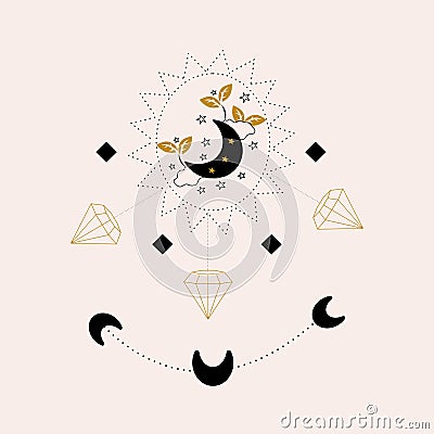 Golden diamonds, black moon and elegant geometric elements, vector illustration Vector Illustration