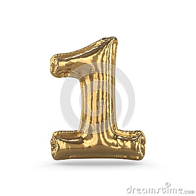 Golden digit one made of inflatable balloon isolated. 3D Stock Photo