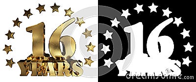 Golden digit sixteen and the word of the year, decorated with stars. 3D illustration Stock Photo