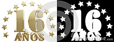 Golden digit sixteen and the word of the year, decorated with stars. Translated from the Spanish. 3D illustration Stock Photo