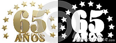 Golden digit sixty five and the word of the year, decorated with stars. Translated from the Spanish. 3D illustration Stock Photo