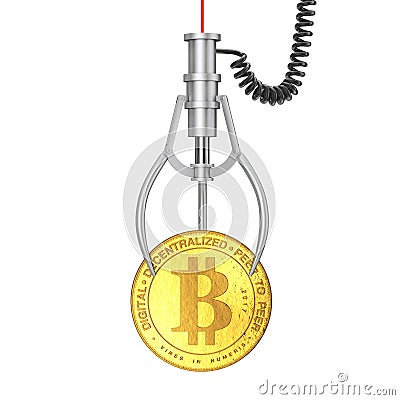 Golden Digital Bitcoin Coin in Chrome Robotic Claw. 3d Rendering Stock Photo