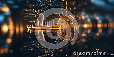 Golden Digital Key Embedded in a Futuristic Lock Mechanism Representing Cybersecurity Concepts Stock Photo