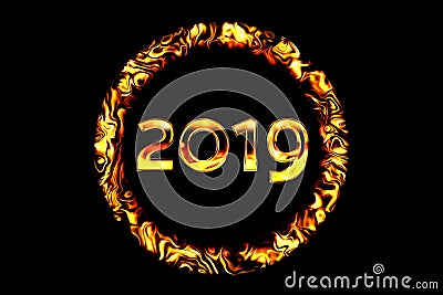 Figures 2019 in the ring fire on a black background. Golden numb Stock Photo