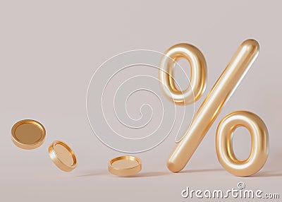 Golden discount sign and money coins on beige background. Percent symbol. Empty, copy space. Special offer, good price Stock Photo