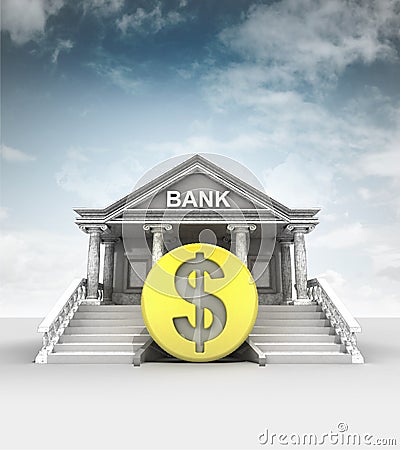 Golden Dollar coin in front of bank in classic style with sky Cartoon Illustration