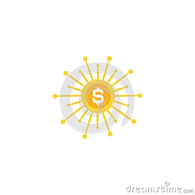Golden dollar coin with gold rays. Shining money sun. flat icon isolated on white Vector Illustration