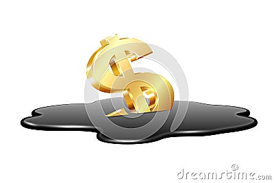 Golden dollar sign drawn in spilled puddle of crude oil. Oil industry crisis concept. Vector Illustration