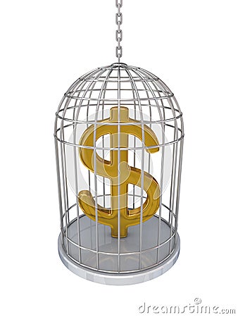 Golden dollar sign in vintage birdcage. Stock Photo