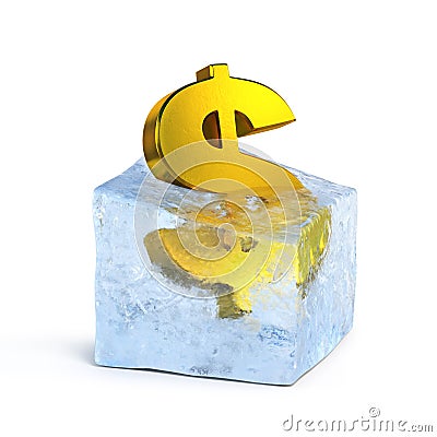 Golden dollar symbol frozen in the ice block 3d rendering Cartoon Illustration