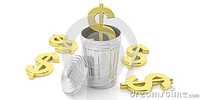 Golden dollar symbol and steel trash can on white background. 3d illustration Cartoon Illustration