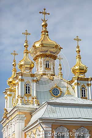 Golden dome of the Church. The Great Peterhof Palace in Russia. Detail of decoration Stock Photo