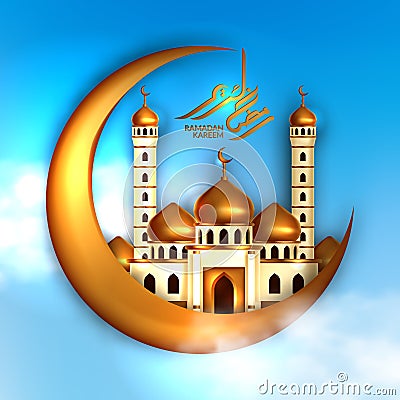 Golden dome mosque building concept with gold moon crescent and ramadan kareem calligraphy with blue sky background. Holy month Vector Illustration