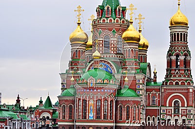 The golden domes of the Cathedral of the Epiphany close-up. Russia Yoshkar-Ola 01.05.2021 Editorial Stock Photo